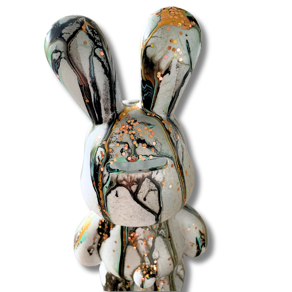 Statue déco Lapin Tirelire – 23 cm – Peinture Pouring