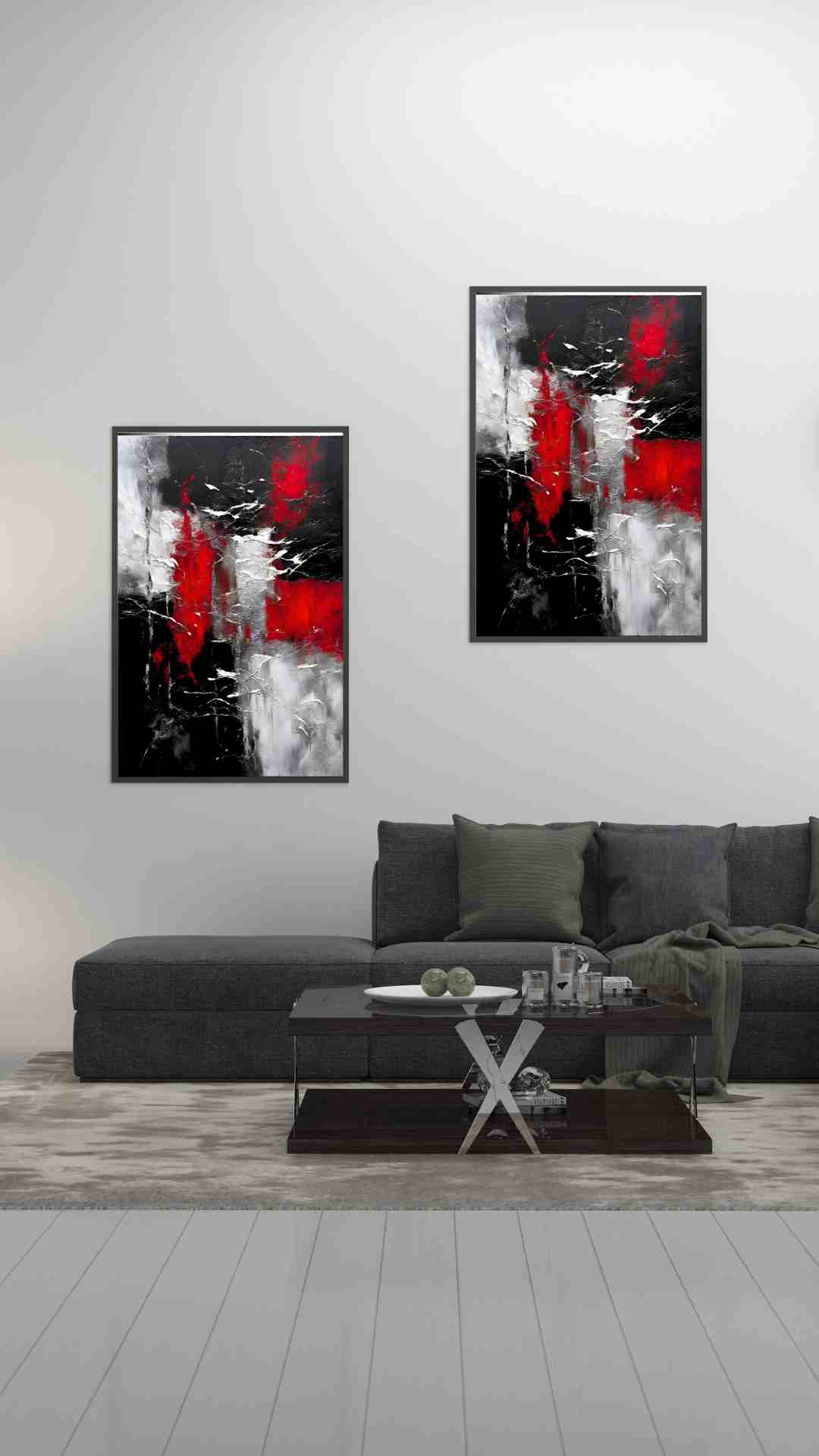 Tableau abstrait rouge argenté