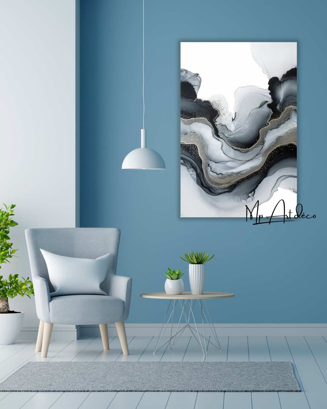 Tableau abstrait noir, blanc et doré