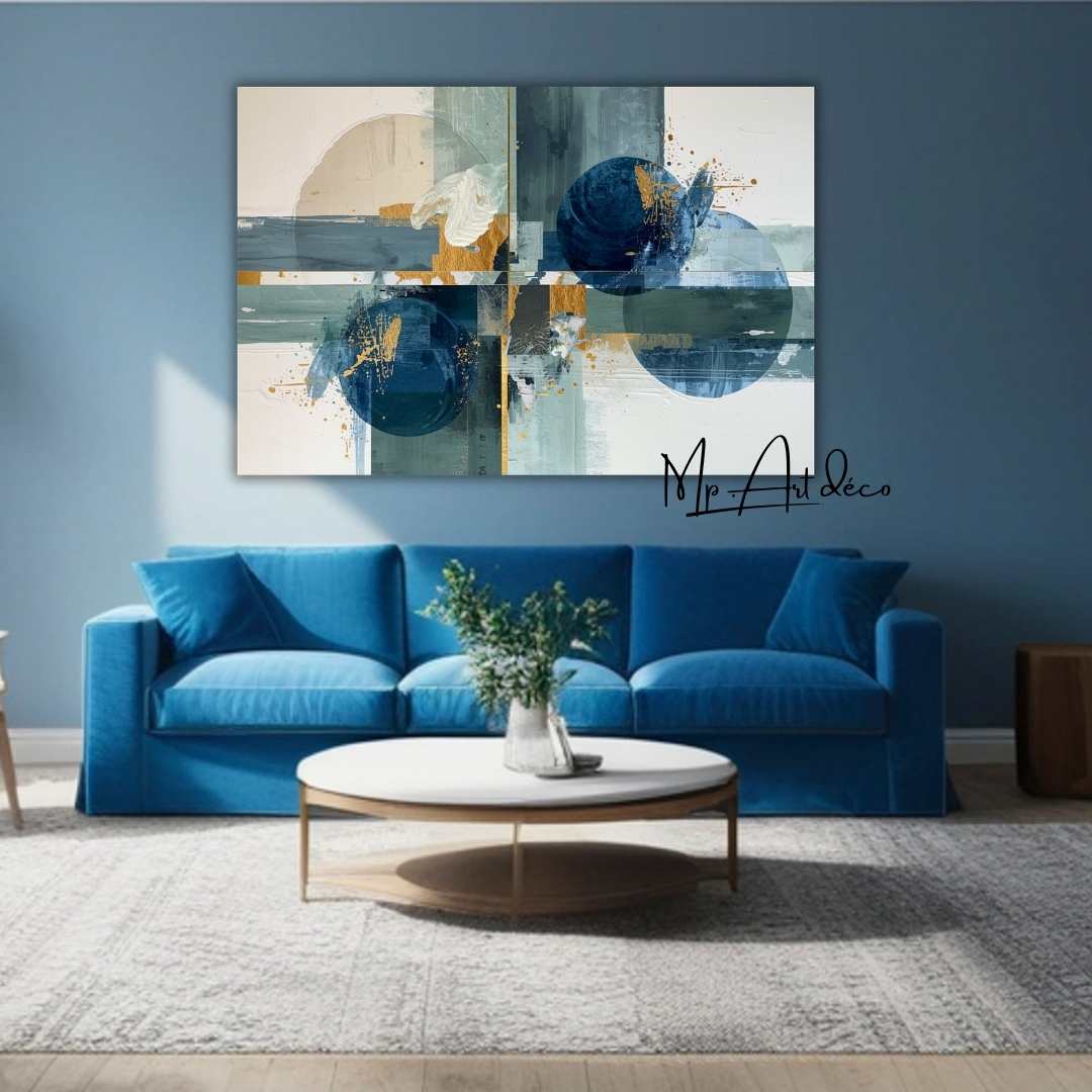 Tableau abstrait géométrique bleu or