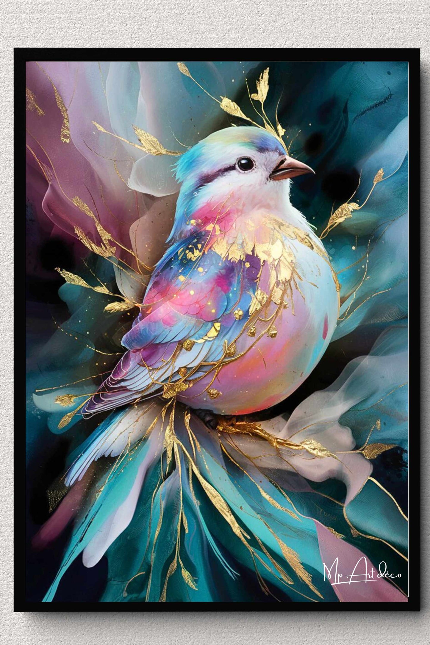 Tableau oiseau feuilles d'or