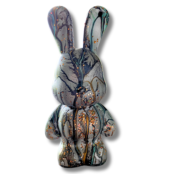 Statue déco Lapin Tirelire – 23 cm – Peinture Pouring
