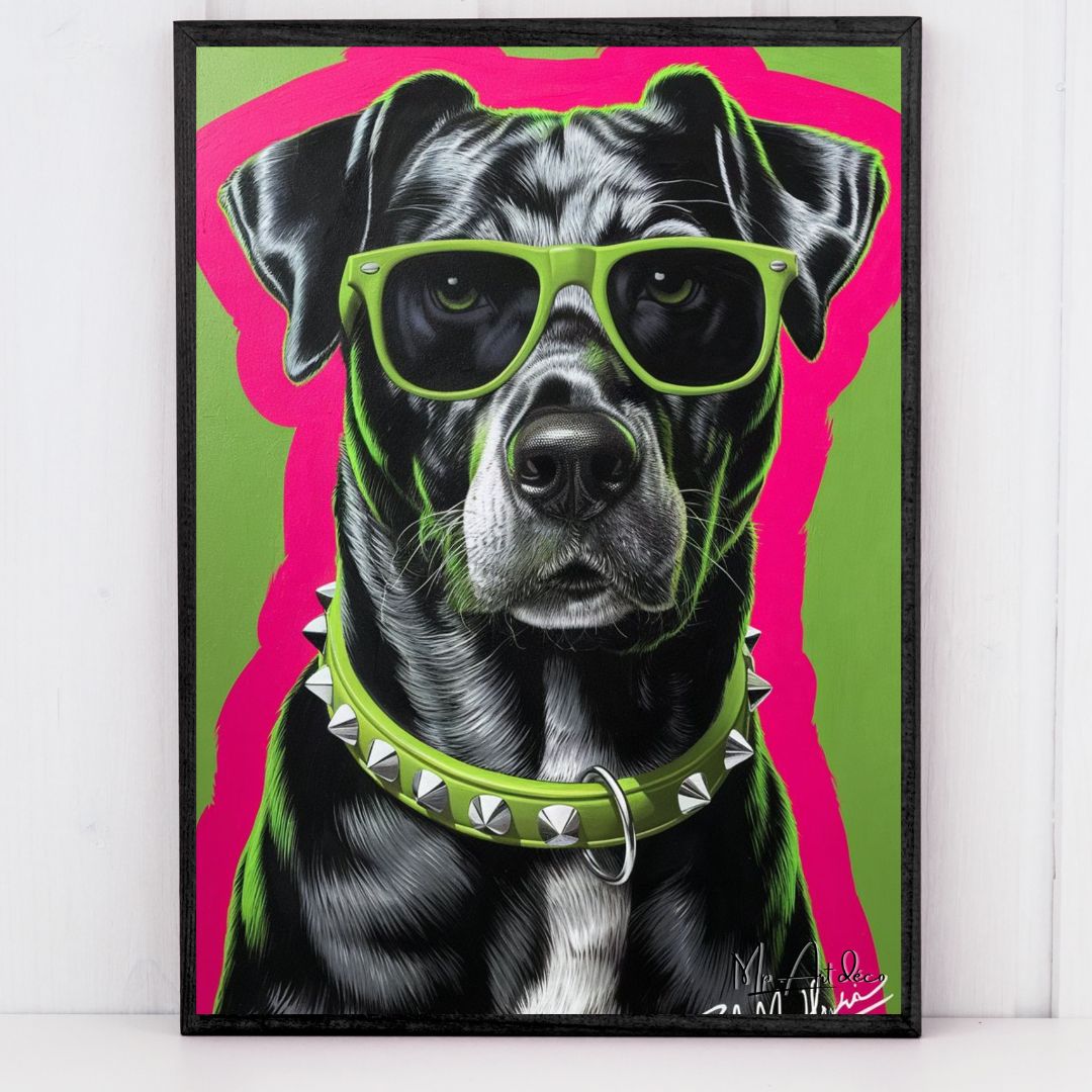 Tableau déco - Chien pop art style rock lunettes Ray-Ban