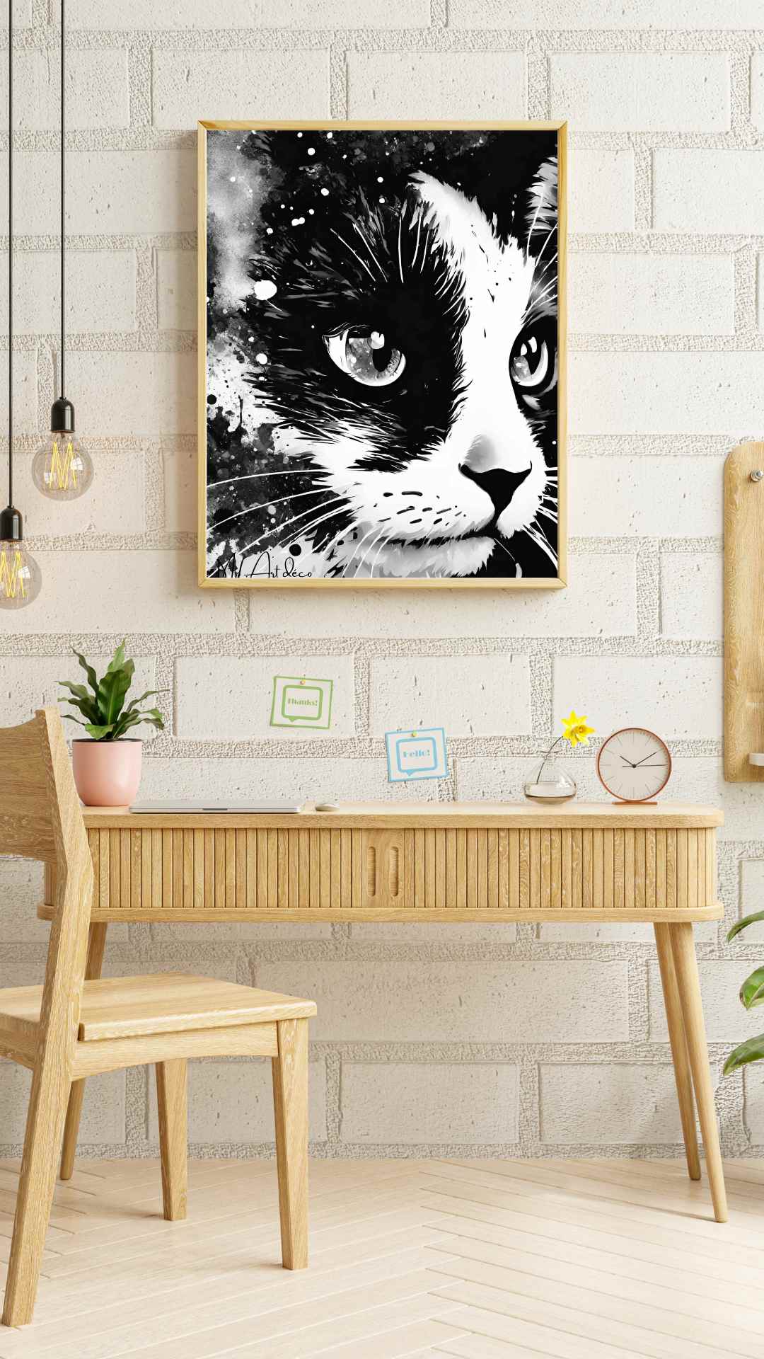 Peinture sur toile chat noir et blanc 40x30cm