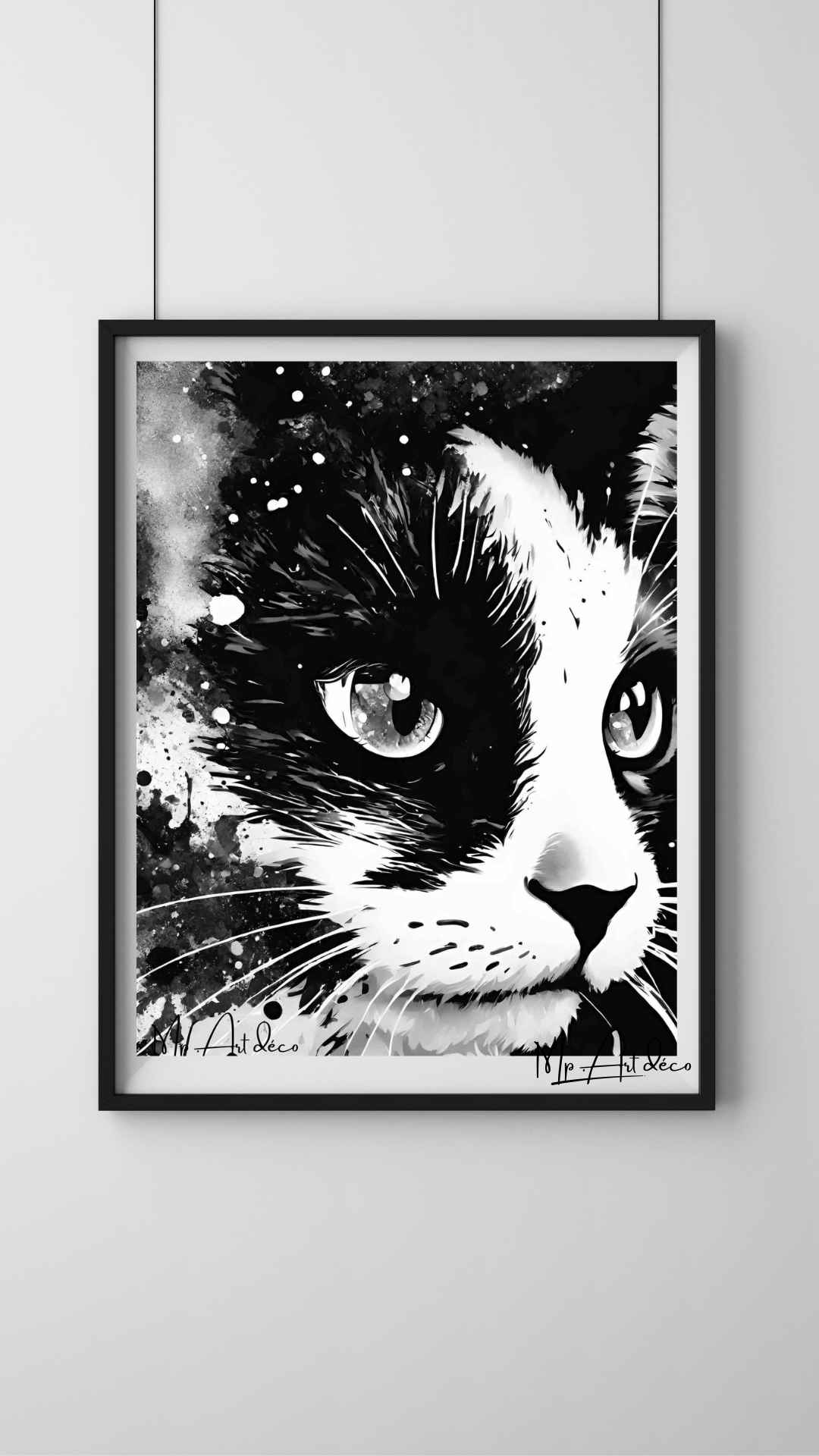 Peinture sur toile chat noir et blanc 40x30cm
