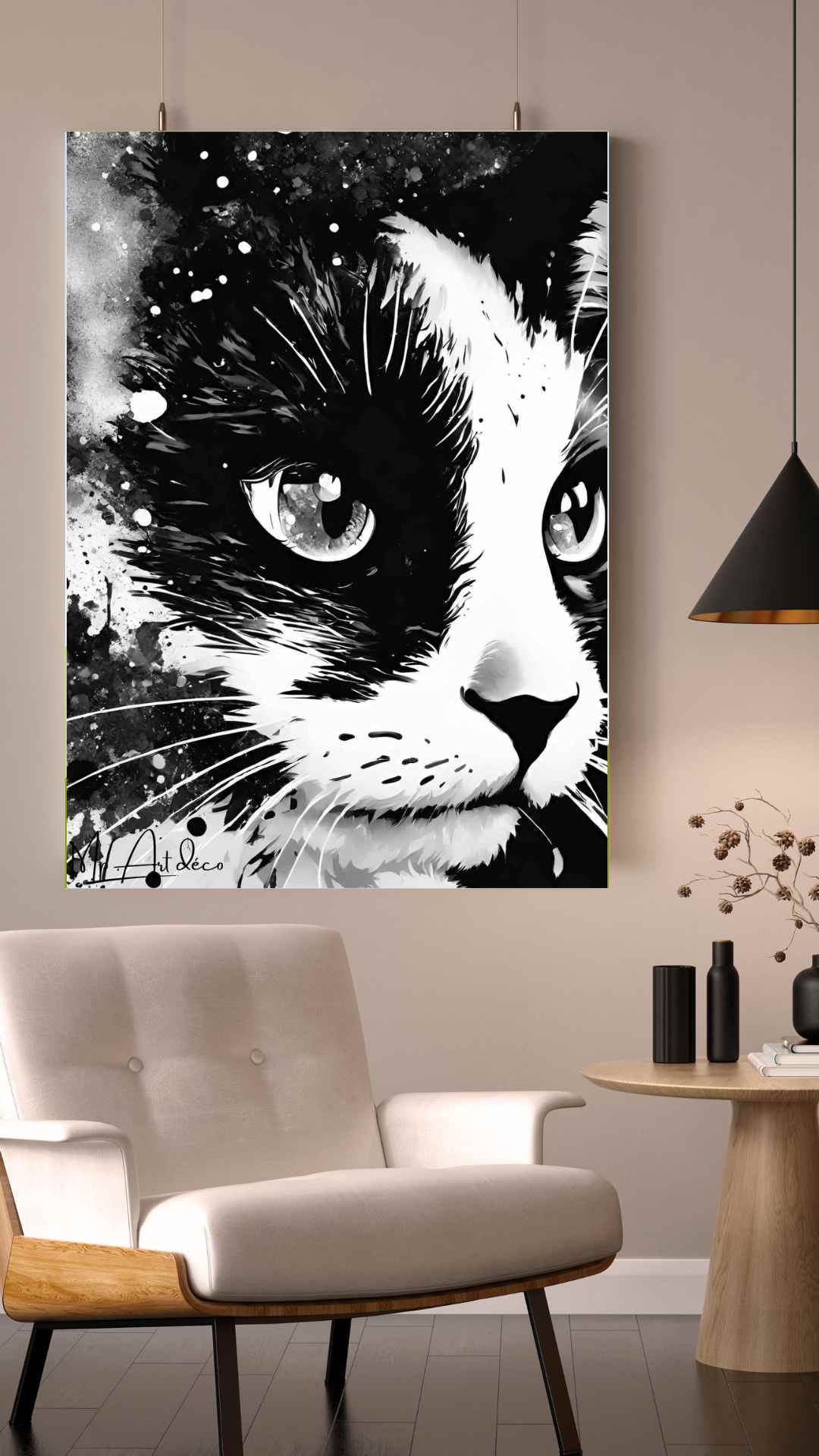 Peinture sur toile chat noir et blanc 40x30cm