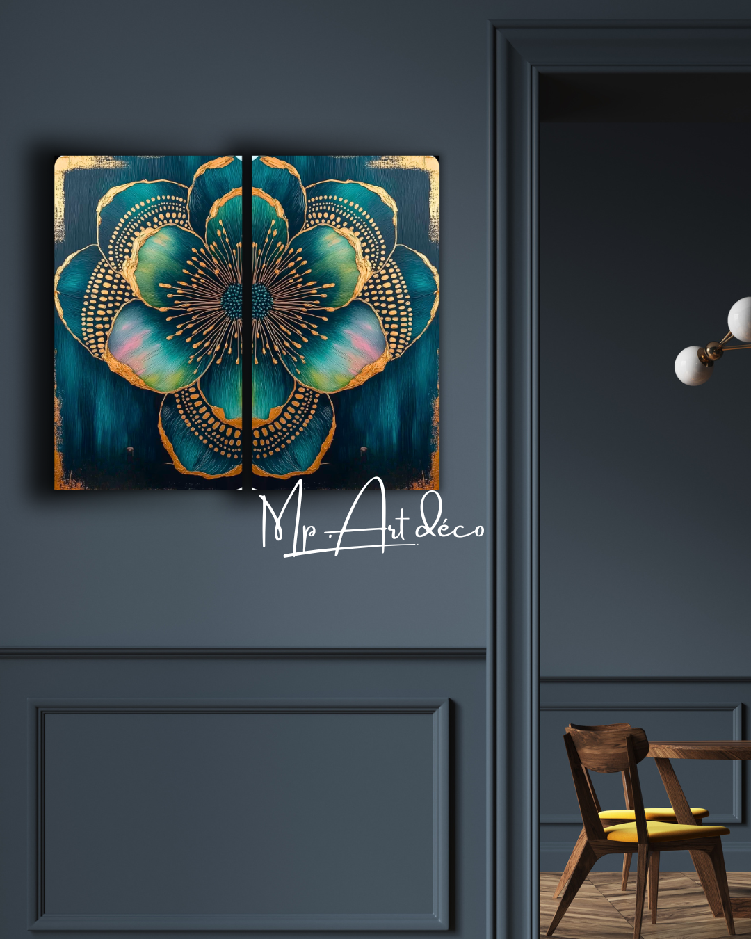 Tableau Floral bleu or