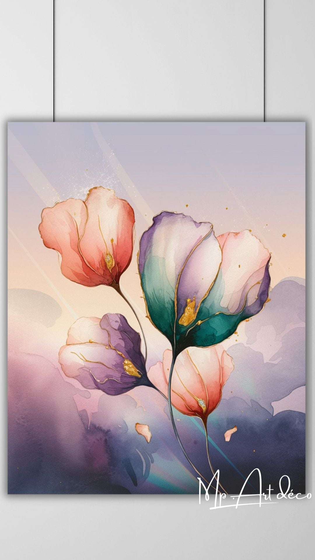 Tableau Abstrait - Tulipes feuilles or