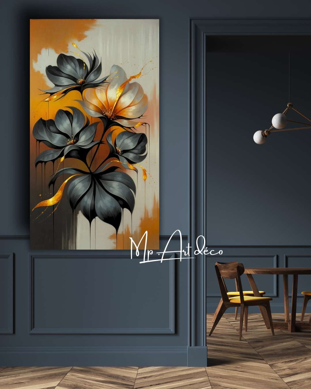 Tableau déco Fleurs noir or