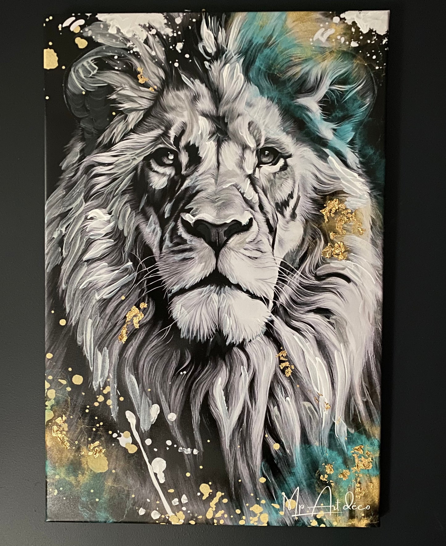 Tableau lion feuille d'or