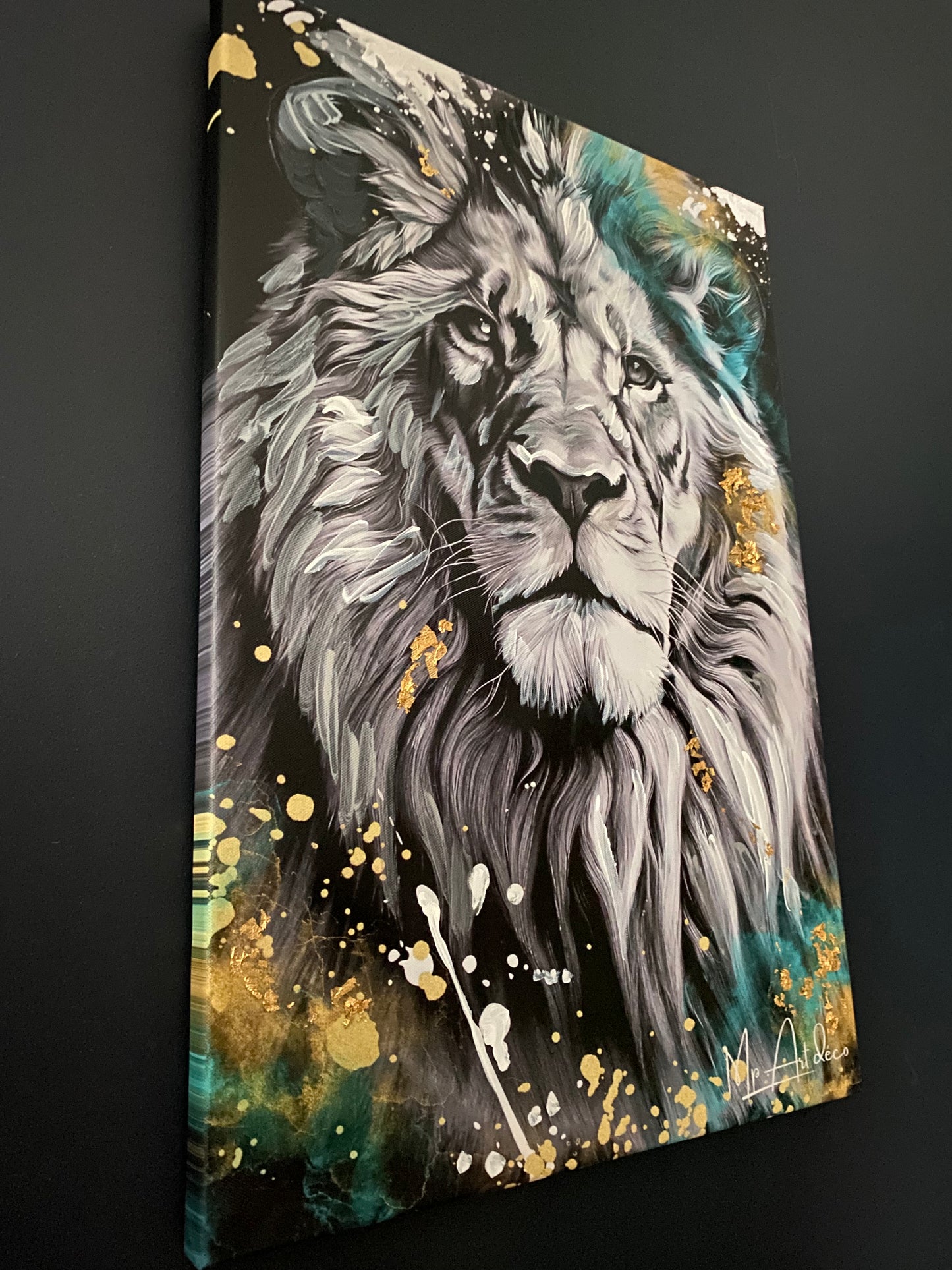 Tableau lion feuille d'or