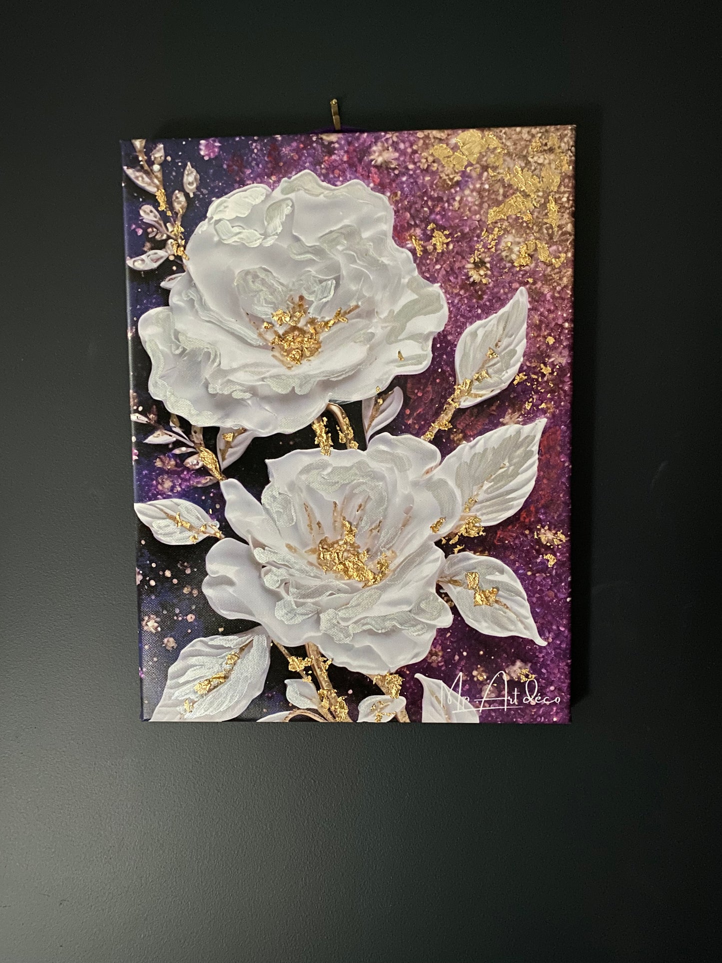 Tableau fleurs blanches feuille d'or