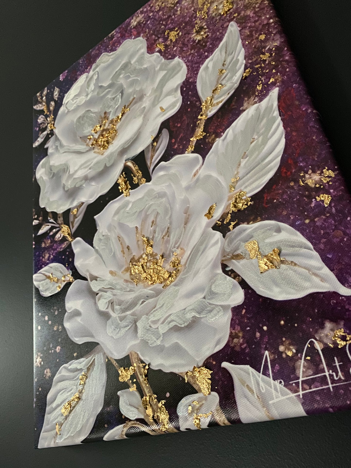 Tableau fleurs blanches feuille d'or