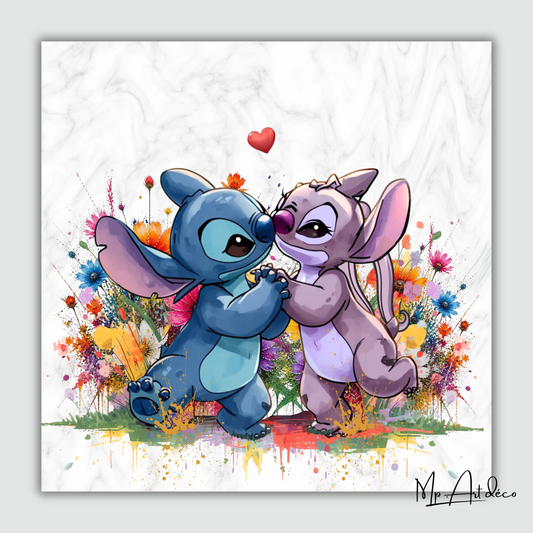 Tableau sur toile Stitch et Angel "Jardin Élégant"