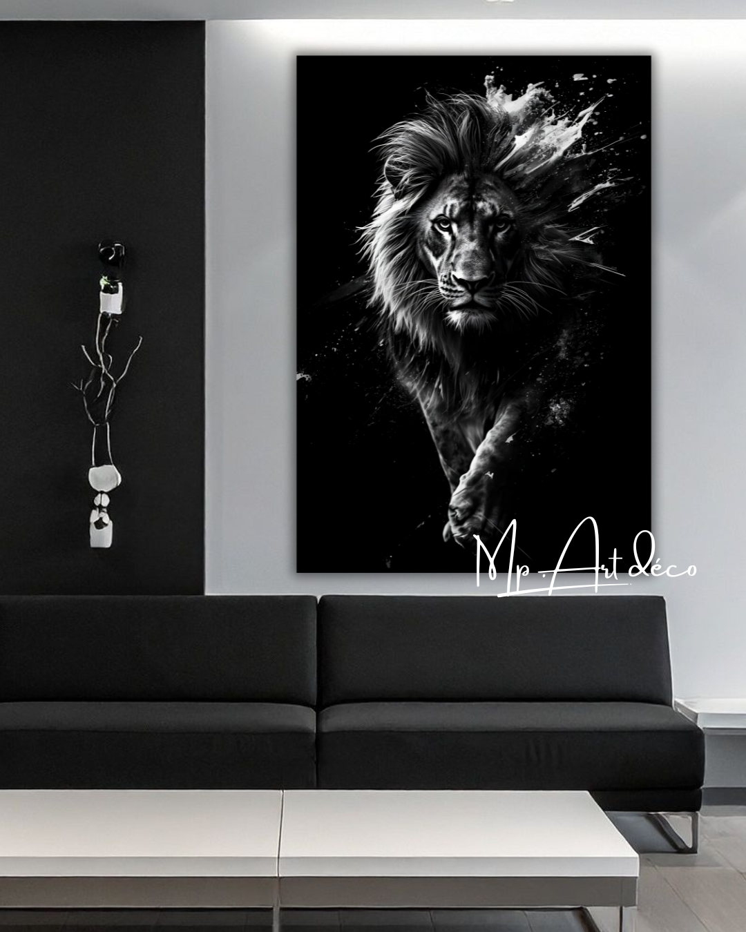 Tableau lion noir et blanc