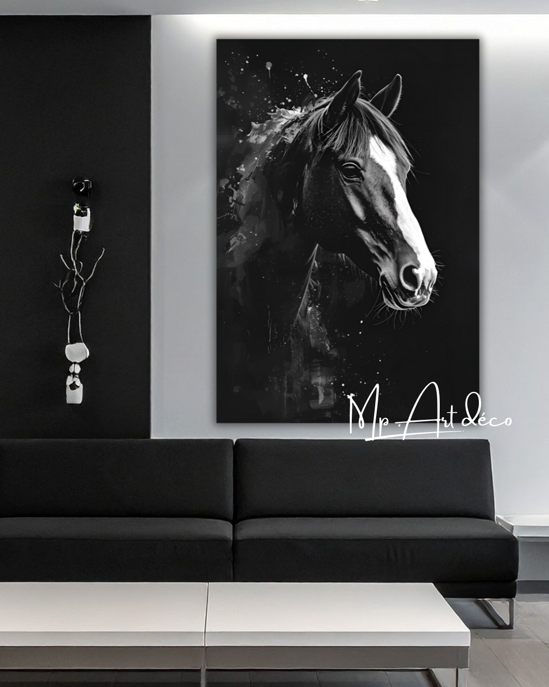 Tableau cheval noir et blanc