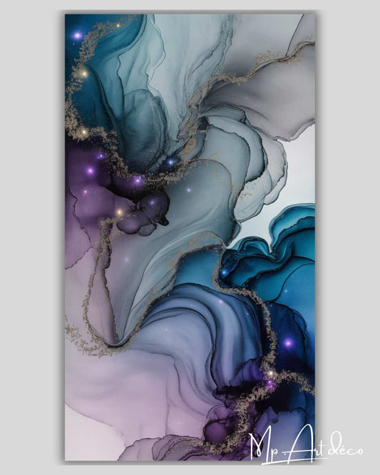Tableau abstrait bleu et violet lumineux