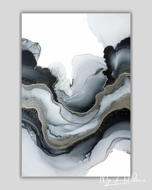 Tableau abstrait noir, blanc et doré